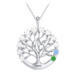 Circle of Life Family Tree Pendant in 925 Sterling Silver with Diamond, Blue Topaz, and Emerald