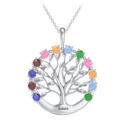 Circle of Life Family Tree Pendant in 925 Sterling Silver with Blue Sapphire, Garnet, Pink Tourmaline, Citrine, Blue Topaz, and Emerald