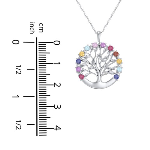 Circle of Life Family Tree Pendant – Sterling Silver with Pink Tourmaline, Citrine, Blue Topaz, and Emerald