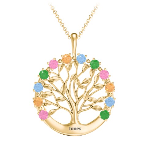 Circle of Life Family Tree Pendant – 10K Yellow Gold with Pink Tourmaline, Citrine, Blue Topaz, and Emerald