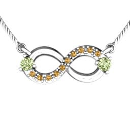 Double Stone Horizontal Infinity Pendant with Accents in 925 Sterling Silver with Peridot, Fancy Yellow Premium Zirconia, Emerald, Citrine, Blue Sapphire, Smokey Quartz, Cubic Zirconia, Garnet, and Ruby