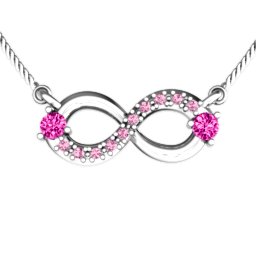 Double Stone Horizontal Infinity Pendant with Accents in 925 Sterling Silver with Pink Tourmaline, Fancy Pink Premium Zirconia, Emerald, Citrine, Peridot, Blue Sapphire, Smokey Quartz, Cubic Zirconia, Garnet, and Ruby
