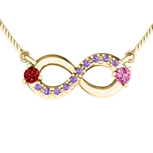 Double Stone Horizontal Infinity Pendant with Accents – 10K Yellow Gold with Garnet, Pink Tourmaline, and Amethyst Premium Zirconia