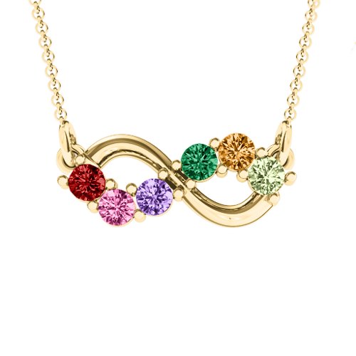 Horizontal Infinity Pendant with 6 Stones – 10K Yellow Gold with Garnet, Pink Tourmaline, Amethyst, Emerald, Citrine, and Peridot