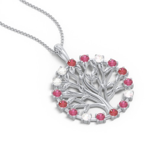 Halo Family Tree Pendant – Sterling Silver with Garnet, Ruby, Opal, and Cubic Zirconia