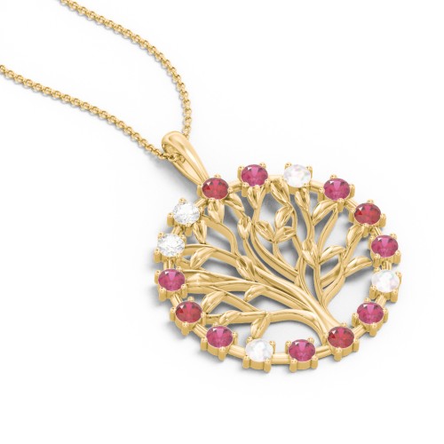 Halo Family Tree Pendant – 10K Yellow Gold with Garnet, Ruby, Opal, and Cubic Zirconia