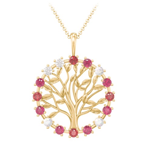 Halo Family Tree Pendant – 10K Yellow Gold with Garnet, Ruby, Opal, and Cubic Zirconia