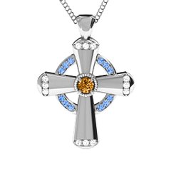 Celtic Cross Pendant – Sterling Silver with Citrine, Fancy Blue Premium Zirconia, and White Premium Zirconia