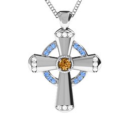 Celtic Cross Pendant in 925 Sterling Silver with Citrine, Fancy Blue Premium Zirconia, and White Premium Zirconia