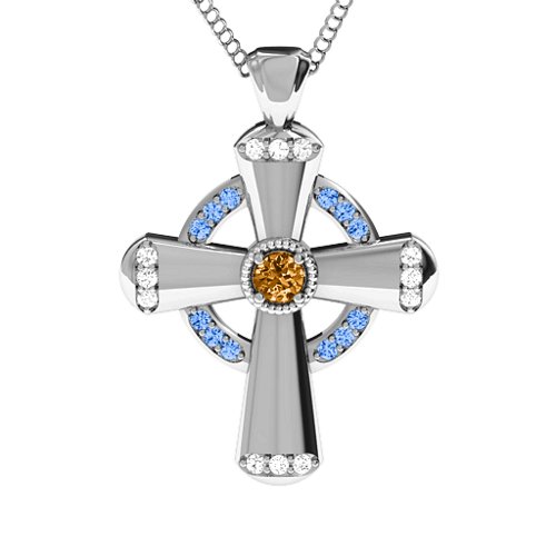 Celtic Cross Pendant – Sterling Silver with Citrine, Fancy Blue Premium Zirconia, and White Premium Zirconia