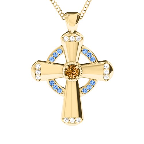 Celtic Cross Pendant – 10K Yellow Gold with Citrine, Fancy Blue Premium Zirconia, and White Premium Zirconia