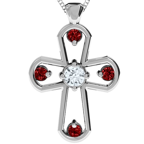 Flared Cross Pendant – Sterling Silver with Cubic Zirconia and Garnet