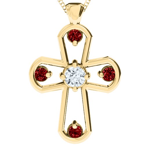 Flared Cross Pendant – 10K Yellow Gold with Cubic Zirconia and Garnet