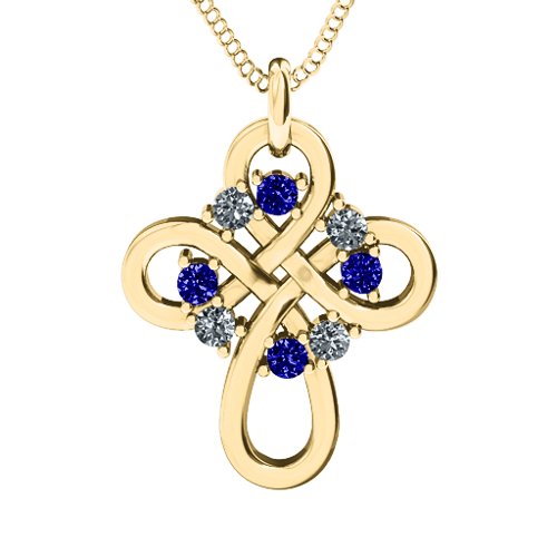 Contemporary Celtic Cross Pendant – 10K Yellow Gold with Blue Sapphire and Cubic Zirconia