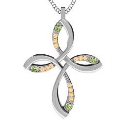 Stylish Curved Cross Pendant in 925 Sterling Silver with Peridot and Fancy Yellow Premium Zirconia
