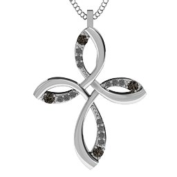 Stylish Curved Cross Pendant in 925 Sterling Silver with Smokey Quartz and Black Premium Zirconia