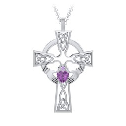 Claddagh Celtic Cross Pendant in 925 Sterling Silver with Amethyst and Amethyst Premium Zirconia