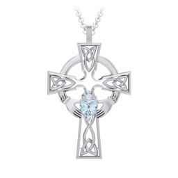 Claddagh Celtic Cross Pendant in 925 Sterling Silver with Aquamarine and Fancy Blue Premium Zirconia