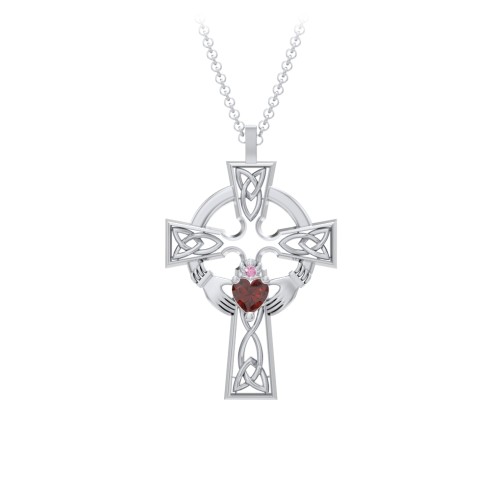 Claddagh Celtic Cross Pendant – Sterling Silver with Garnet and Red Premium Zirconia