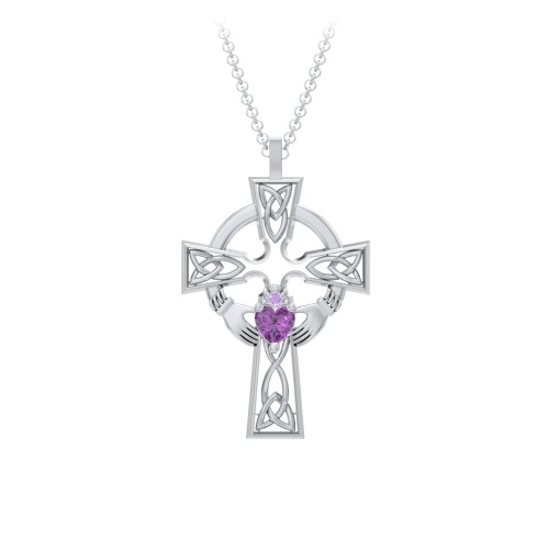 Claddagh Celtic Cross Pendant – Sterling Silver with Amethyst and Amethyst Premium Zirconia