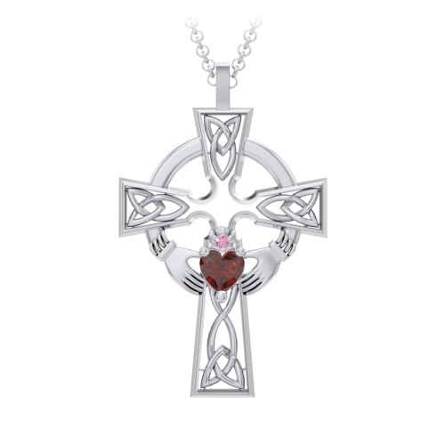 Claddagh Celtic Cross Pendant – Sterling Silver with Garnet and Red Premium Zirconia