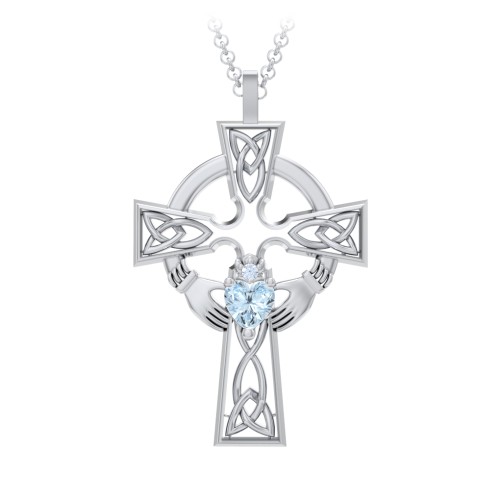 Claddagh Celtic Cross Pendant – Sterling Silver with Aquamarine and Fancy Blue Premium Zirconia