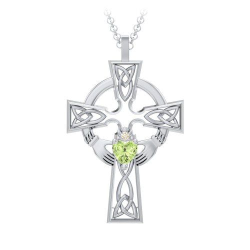 Claddagh Celtic Cross Pendant – Sterling Silver with Peridot and Fancy Yellow Premium Zirconia