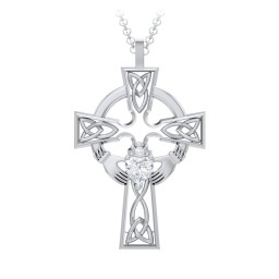 Claddagh Celtic Cross Pendant in 925 Sterling Silver with Diamond
