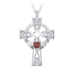 Claddagh Celtic Cross Pendant in 925 Sterling Silver with Garnet and White Premium Zirconia