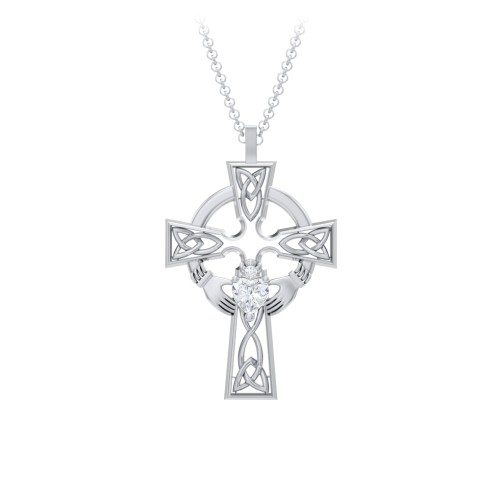 Claddagh Celtic Cross Pendant – Sterling Silver with Diamond