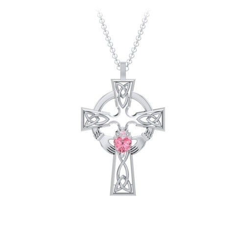 Claddagh Celtic Cross Pendant – Sterling Silver with Pink Tourmaline and Fancy Pink Premium Zirconia