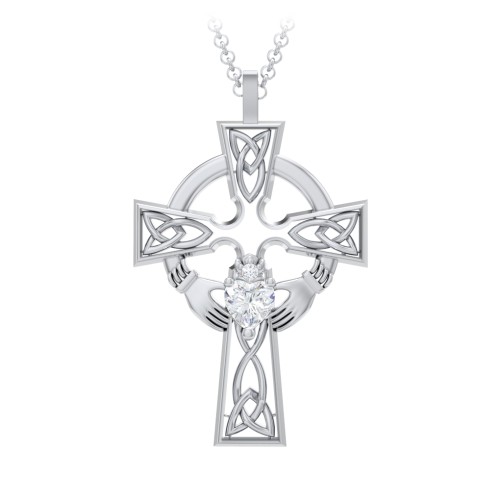 Claddagh Celtic Cross Pendant – Sterling Silver with Diamond