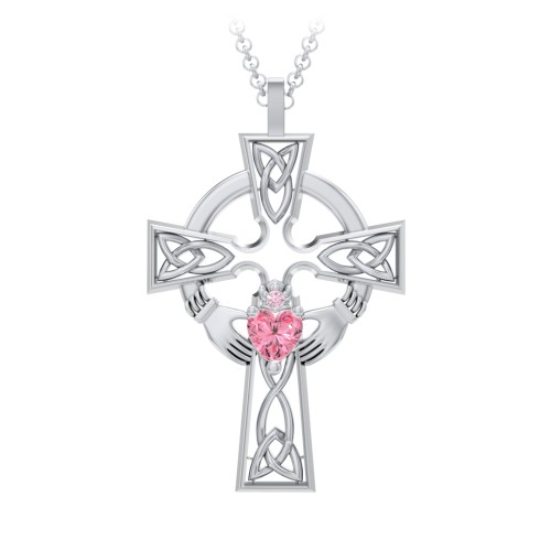 Claddagh Celtic Cross Pendant – Sterling Silver with Pink Tourmaline and Fancy Pink Premium Zirconia