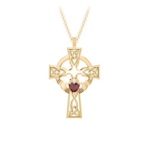 Claddagh Celtic Cross Pendant – 10K Yellow Gold with Garnet and White Premium Zirconia