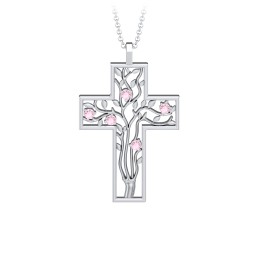 3 - 10 Stone Family Tree Cross Pendant in 925 Sterling Silver with Pink Tourmaline, Amethyst, Aquamarine, Emerald, S04CZIR, and Fancy Brown Premium Zirconia