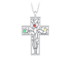 3 - 10 Stone Family Tree Cross Pendant – Sterling Silver with Garnet, Emerald, Opal, and Citrine