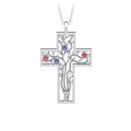 3 - 10 Stone Family Tree Cross Pendant in 925 Sterling Silver with Blue Sapphire, Garnet, Opal, Amethyst, Aquamarine, Emerald, S04CZIR, and Fancy Brown Premium Zirconia