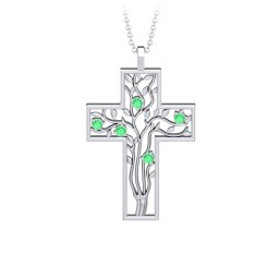 3 - 10 Stone Family Tree Cross Pendant in 925 Sterling Silver with Emerald, Amethyst, Aquamarine, S04CZIR, and Fancy Brown Premium Zirconia