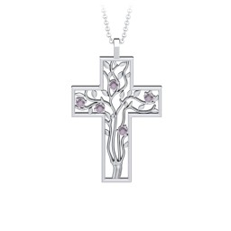 3 - 10 Stone Family Tree Cross Pendant in 925 Sterling Silver with Alexandrite, Amethyst, Aquamarine, Emerald, S04CZIR, and Fancy Brown Premium Zirconia