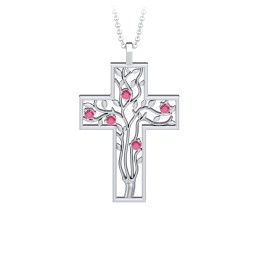 3 - 10 Stone Family Tree Cross Pendant in 925 Sterling Silver with Ruby, Amethyst, Aquamarine, Emerald, S04CZIR, and Fancy Brown Premium Zirconia