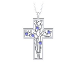 3 - 10 Stone Family Tree Cross Pendant in 925 Sterling Silver with Blue Sapphire, Amethyst, Aquamarine, Emerald, S04CZIR, and Fancy Brown Premium Zirconia