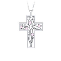 3 - 10 Stone Family Tree Cross Pendant in 925 Sterling Silver with Pink Tourmaline, Amethyst, Aquamarine, Emerald, S04CZIR, and Fancy Brown Premium Zirconia