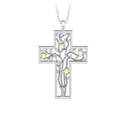 3 - 10 Stone Family Tree Cross Pendant in 925 Sterling Silver with Citrine, Amethyst, Aquamarine, Emerald, S04CZIR, and Fancy Brown Premium Zirconia
