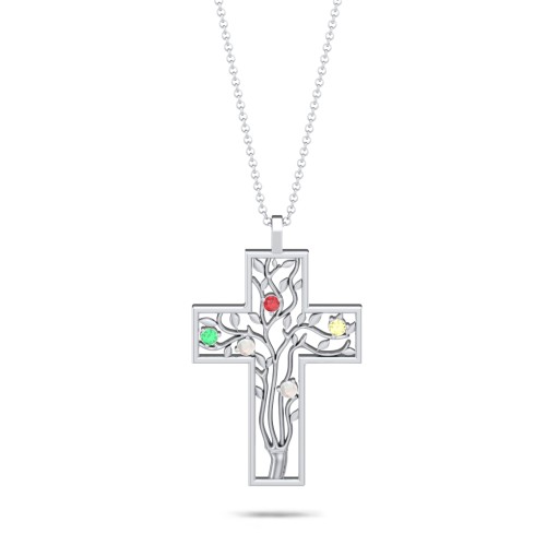 3 - 10 Stone Family Tree Cross Pendant – Sterling Silver with Garnet, Emerald, Opal, and Citrine