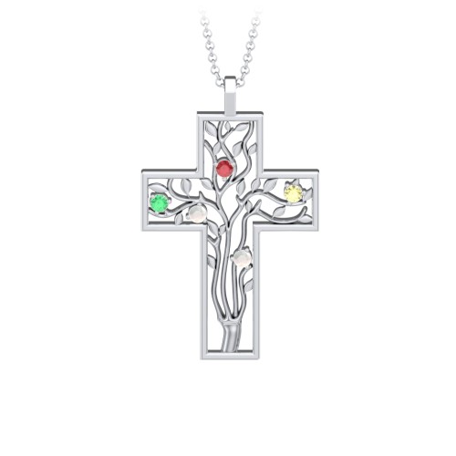3 - 10 Stone Family Tree Cross Pendant – Sterling Silver with Garnet, Emerald, Opal, and Citrine