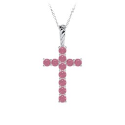 Classic Encrusted 2.5mm Round Cross Pendant in 925 Sterling Silver with Pink Tourmaline