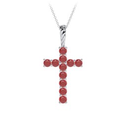 Classic Encrusted 2.5mm Round Cross Pendant in 925 Sterling Silver with Garnet