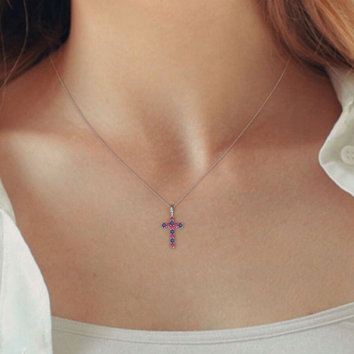 Classic Encrusted 2.5mm Round Cross Pendant – 10K Yellow Gold with Amethyst, Lavender Premium Zirconia, Blue Sapphire, and Blue Topaz