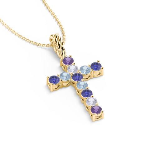 Classic Encrusted 2.5mm Round Cross Pendant – 10K Yellow Gold with Amethyst, Lavender Premium Zirconia, Blue Sapphire, and Blue Topaz