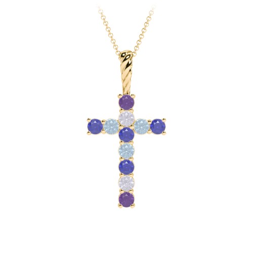 Classic Encrusted 2.5mm Round Cross Pendant – 10K Yellow Gold with Amethyst, Lavender Premium Zirconia, Blue Sapphire, and Blue Topaz